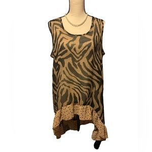 NWT animal print sheer blouse high low ruffled hem sz L